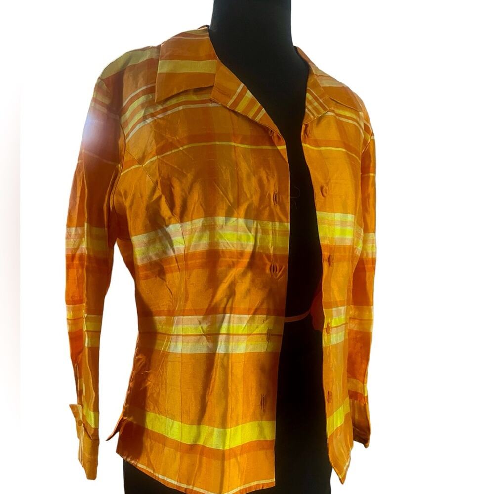 Vtg 90s Silk Orange Plaid Stripe Boxy Button Front Retro Preppy Colorful Blouse - Picture 5 of 7